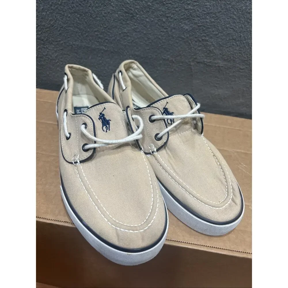 Polo Ralph Lauren Lander Boat Shoes Beige Canvas With Blue Pony Mens Size 12D